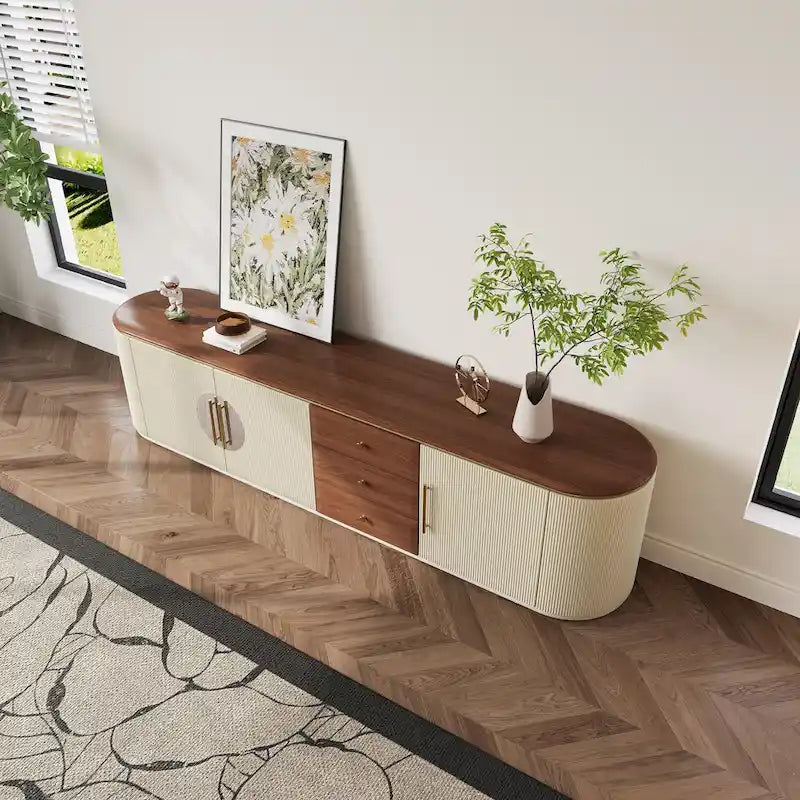 78.74  Mid-Century TV Stands, Brown Solid Wood Veneer, Media Console With 5 Cabinets,3 Drawers, Beige,Fully Assembled - 78.74