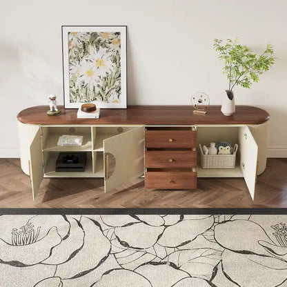 78.74  Mid-Century TV Stands, Brown Solid Wood Veneer, Media Console With 5 Cabinets,3 Drawers, Beige,Fully Assembled - 78.74