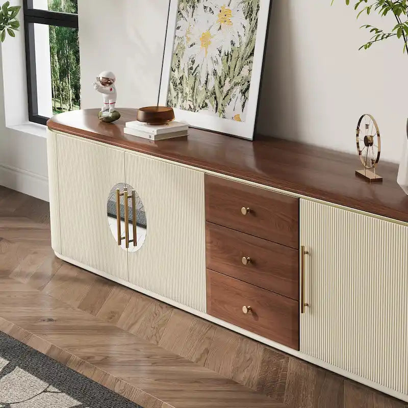 78.74  Mid-Century TV Stands, Brown Solid Wood Veneer, Media Console With 5 Cabinets,3 Drawers, Beige,Fully Assembled - 78.74