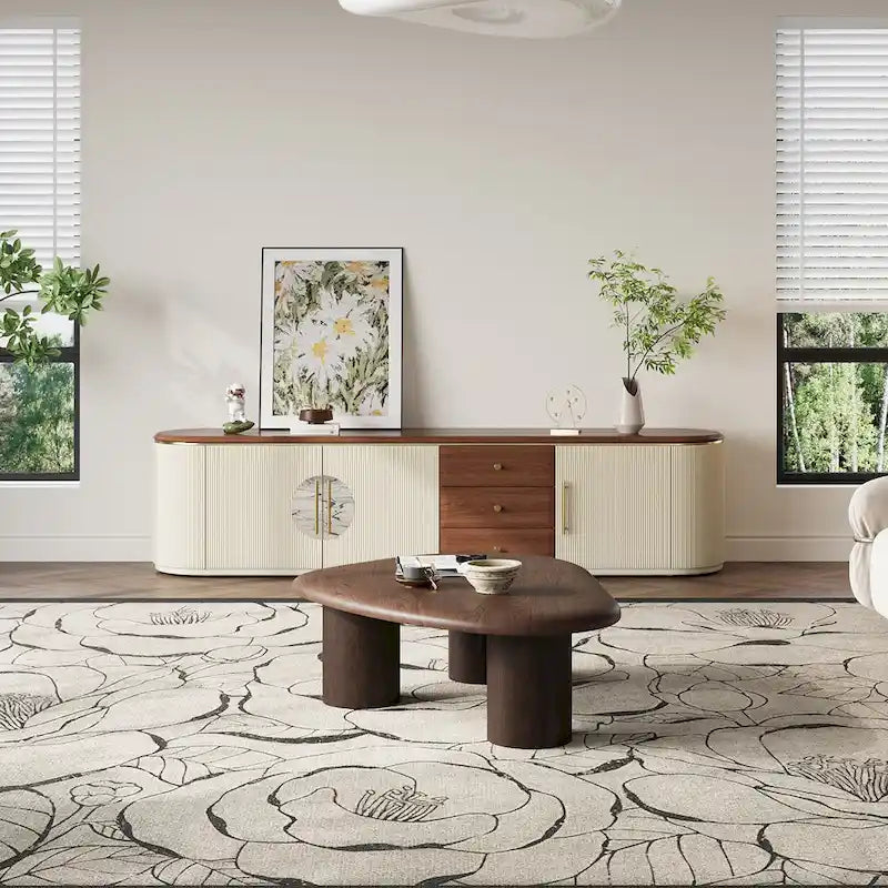 78.74  Mid-Century TV Stands, Brown Solid Wood Veneer, Media Console With 5 Cabinets,3 Drawers, Beige,Fully Assembled - 78.74