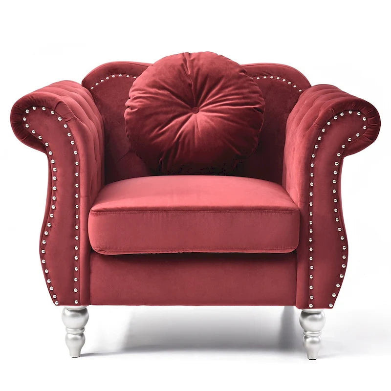 Solid Velvet Accent Chair with Tufted Round Pillow - 39  - Red