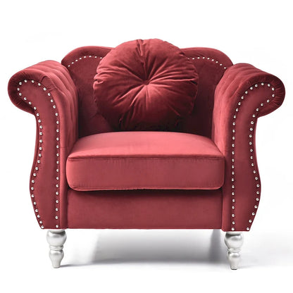 Solid Velvet Accent Chair with Tufted Round Pillow - 39  - Red