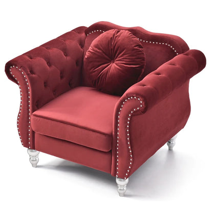 Solid Velvet Accent Chair with Tufted Round Pillow - 39  - Red