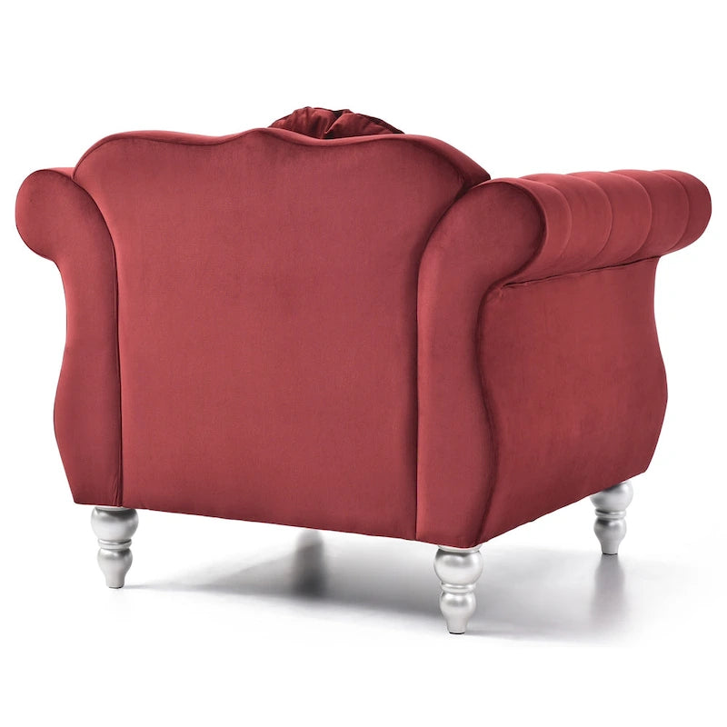 Solid Velvet Accent Chair with Tufted Round Pillow - 39  - Red