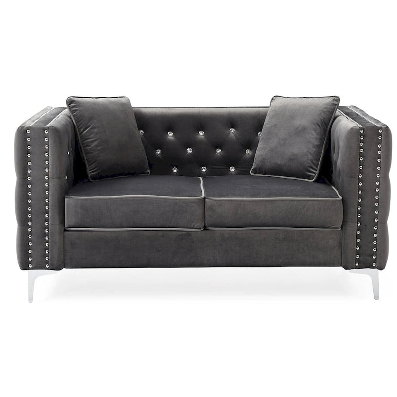 Tufted Nailhead Trim Velvet 2-Seater Sofa with Throw Pillows - 63  - Gray