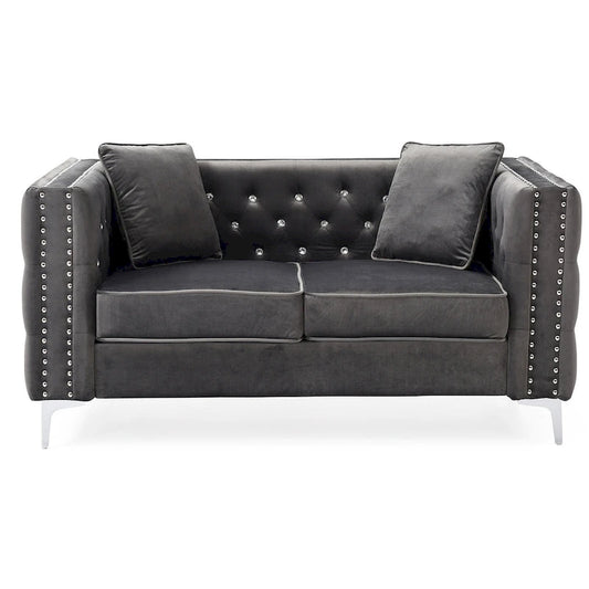 Tufted Nailhead Trim Velvet 2-Seater Sofa with Throw Pillows - 63  - Gray