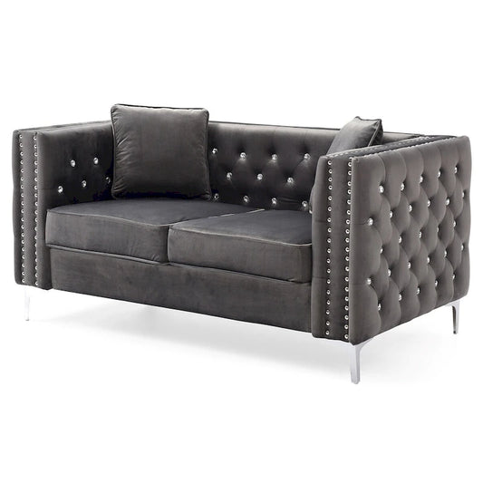 Tufted Nailhead Trim Velvet 2-Seater Sofa with Throw Pillows - 63  - Gray