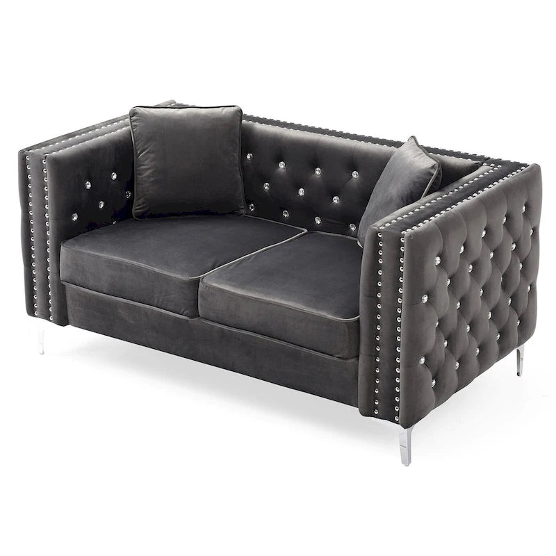 Tufted Nailhead Trim Velvet 2-Seater Sofa with Throw Pillows - 63  - Gray