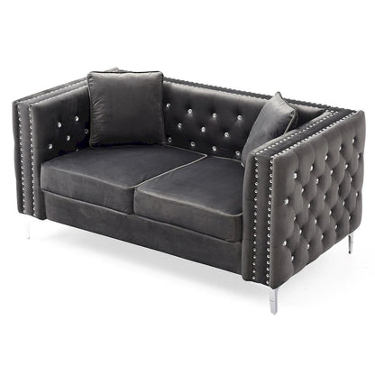 Tufted Nailhead Trim Velvet 2-Seater Sofa with Throw Pillows - 63  - Gray