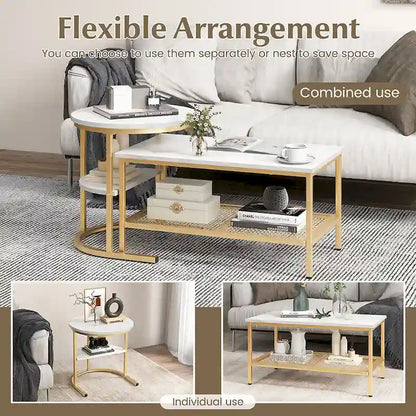 Gymax Nesting Coffee Table Set of 2 Faux Marble Top Detachable w/