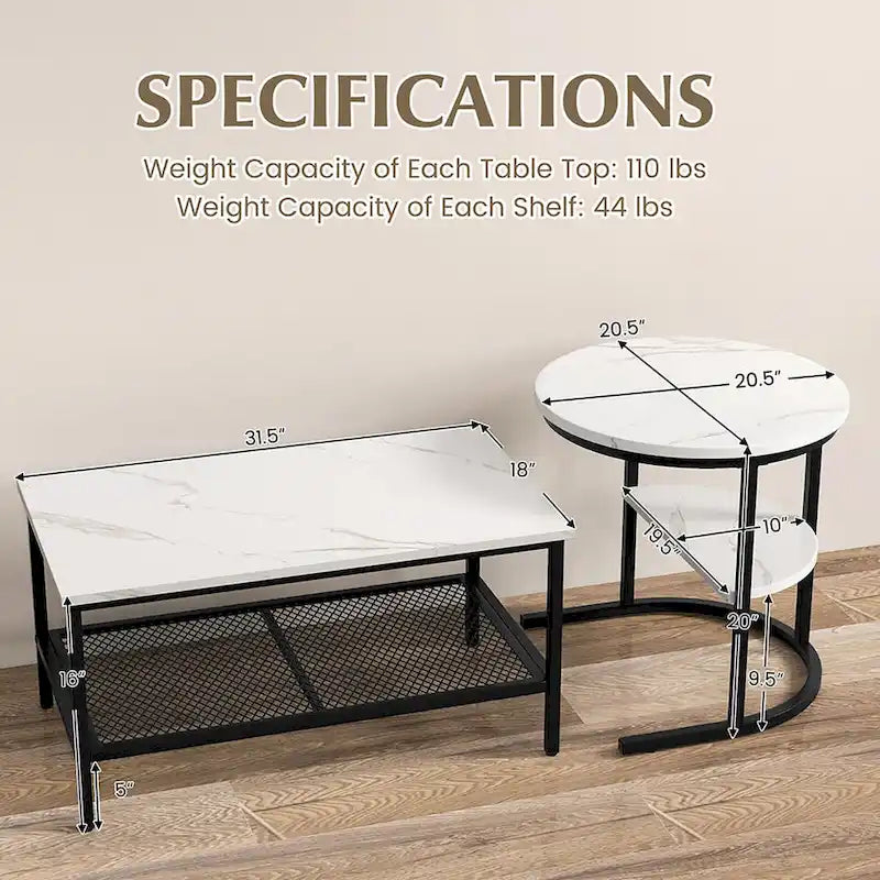 Gymax Nesting Coffee Table Set of 2 Faux Marble Top Detachable w/