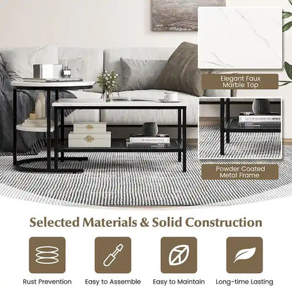 Gymax Nesting Coffee Table Set of 2 Faux Marble Top Detachable w/