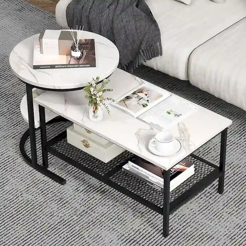 Gymax Nesting Coffee Table Set of 2 Faux Marble Top Detachable w/