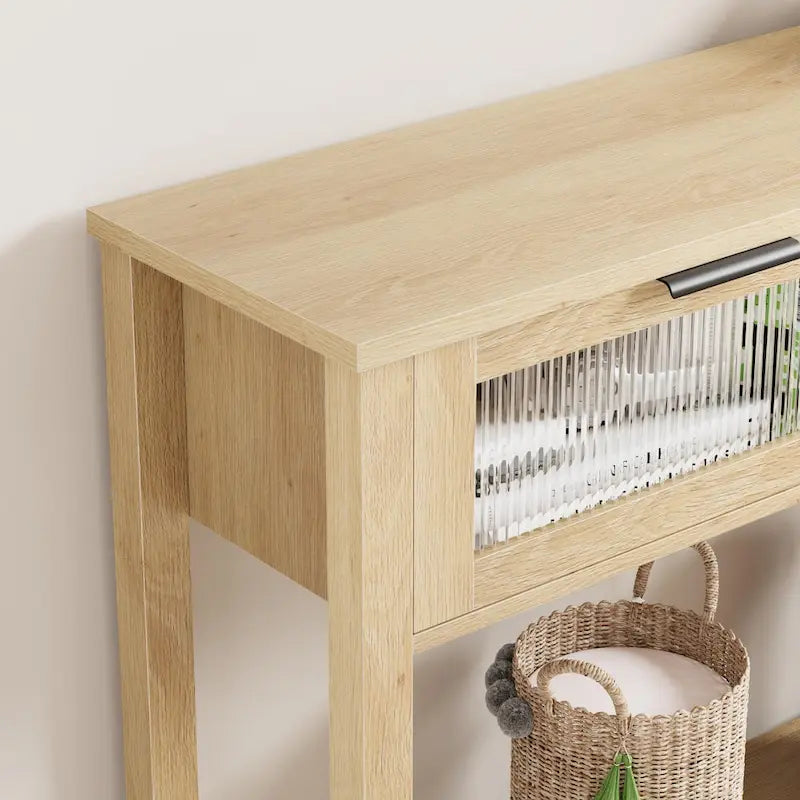 Farmhouse Console Table with 2 Glass Drawers & Shelf for Entryway Living Room