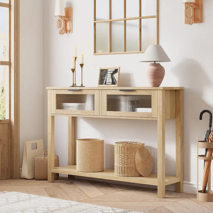 Farmhouse Console Table with 2 Glass Drawers & Shelf for Entryway Living Room