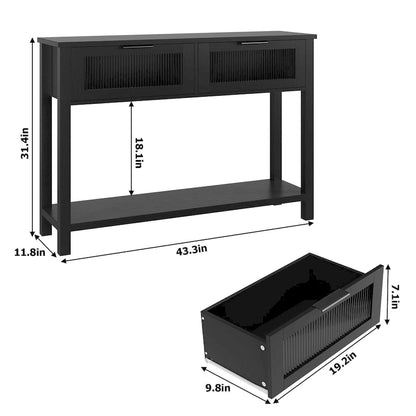 Farmhouse Console Table with 2 Glass Drawers & Shelf for Entryway Living Room