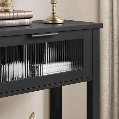 Farmhouse Console Table with 2 Glass Drawers & Shelf for Entryway Living Room