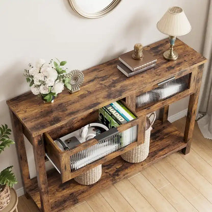 Farmhouse Console Table with 2 Glass Drawers & Shelf for Entryway Living Room