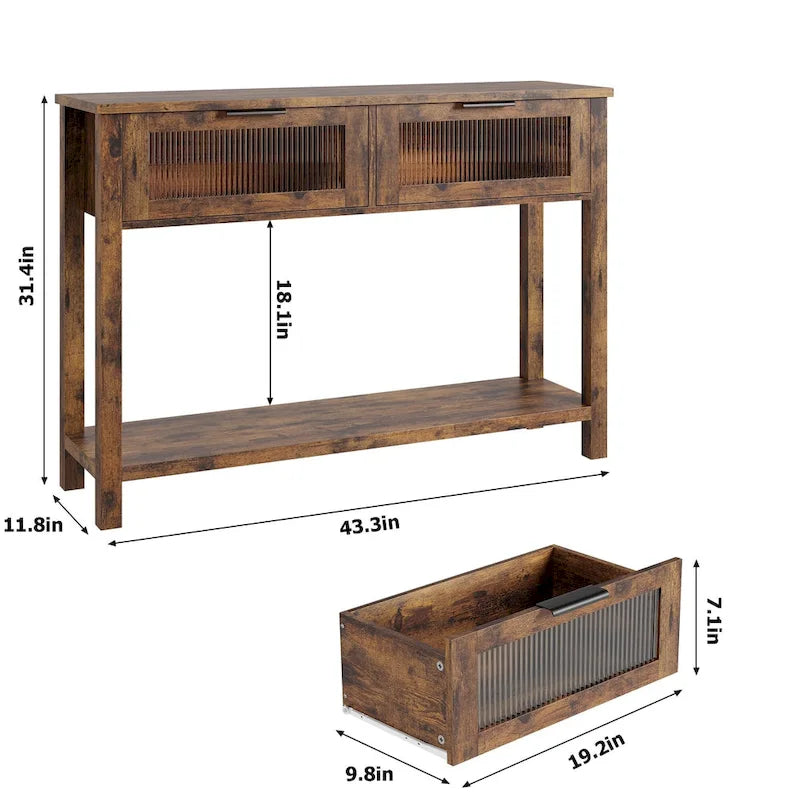Farmhouse Console Table with 2 Glass Drawers & Shelf for Entryway Living Room