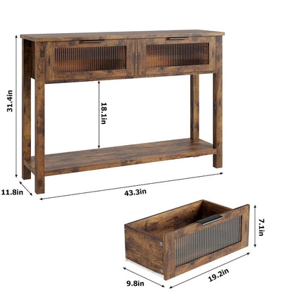Farmhouse Console Table with 2 Glass Drawers & Shelf for Entryway Living Room