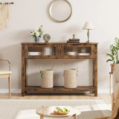 Farmhouse Console Table with 2 Glass Drawers & Shelf for Entryway Living Room
