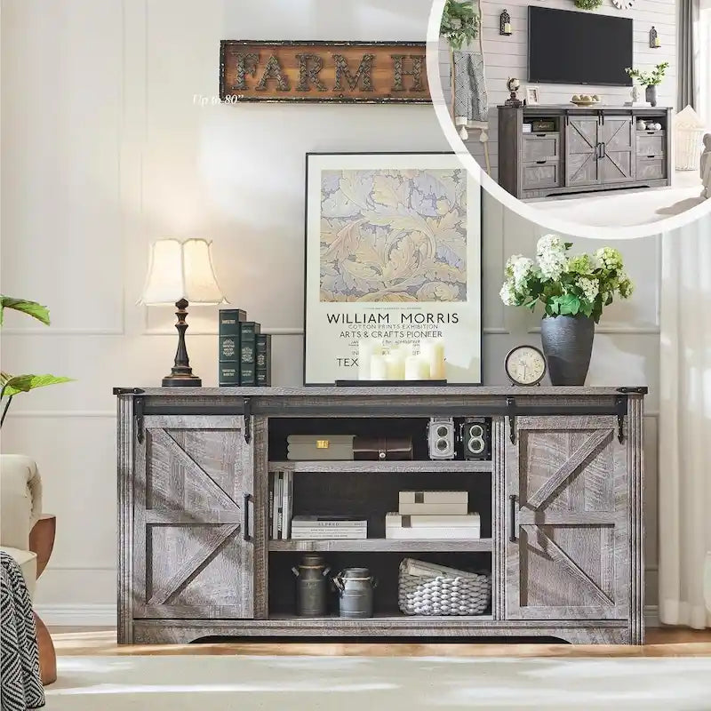 32  Tall Farmhouse TV Stand for 80  TV, Wood Entertainment Center