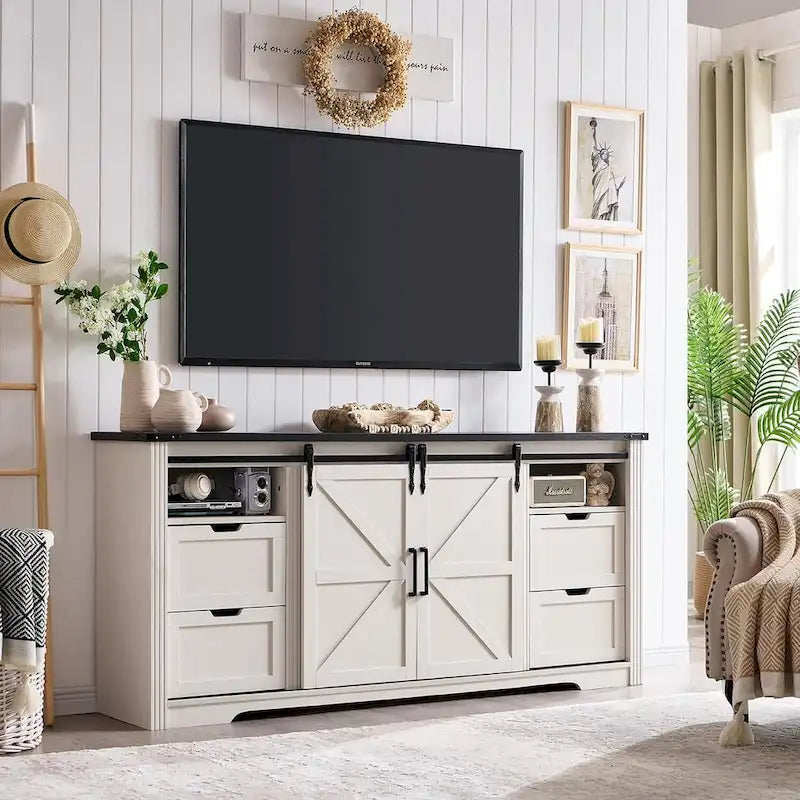 32  Tall Farmhouse TV Stand for 80  TV, Wood Entertainment Center