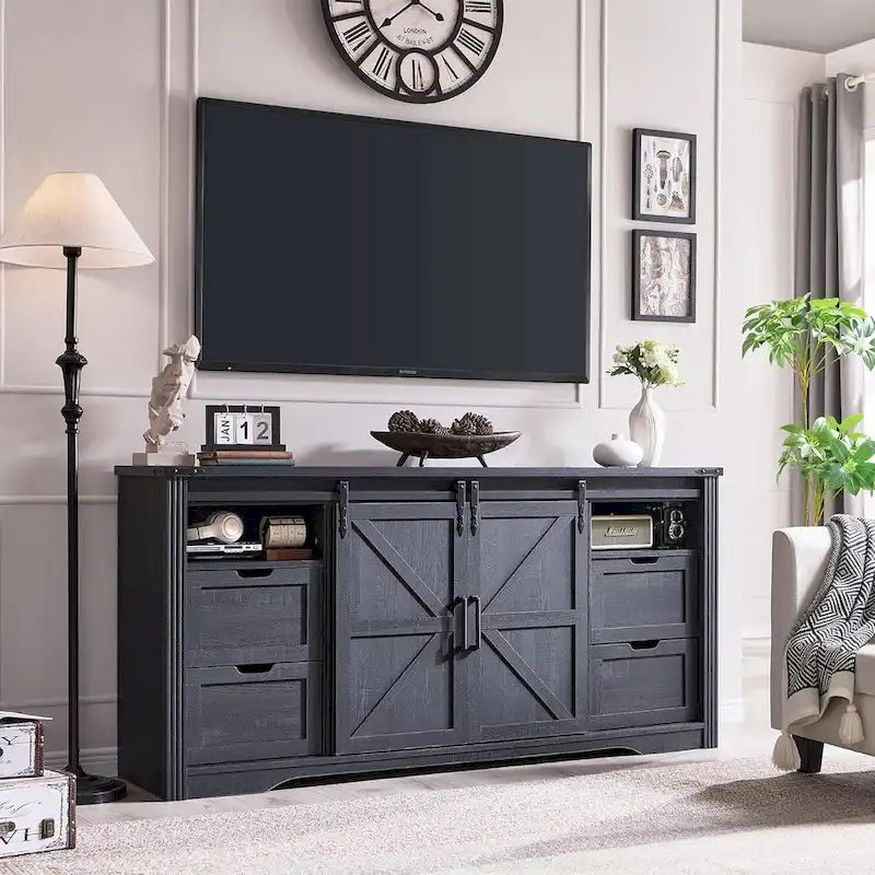 32  Tall Farmhouse TV Stand for 80  TV, Wood Entertainment Center