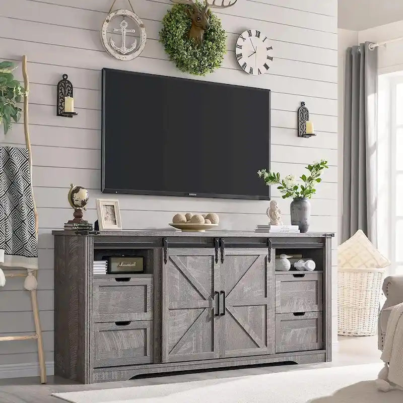 32  Tall Farmhouse TV Stand for 80  TV, Wood Entertainment Center