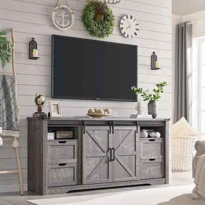 32  Tall Farmhouse TV Stand for 80  TV, Wood Entertainment Center