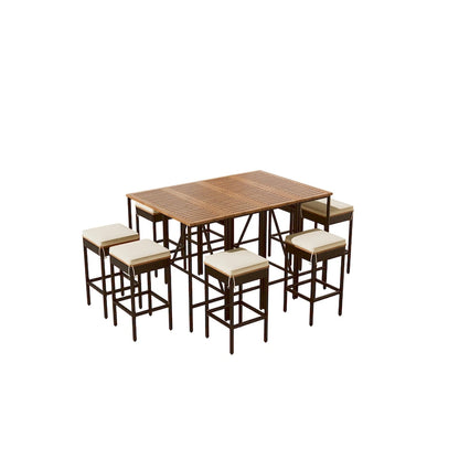 10-Piece Outdoor Patio Counter Height Foldable Dining Set with 8 Cushioned Stools, 2 Acacia Wood Foldable Table