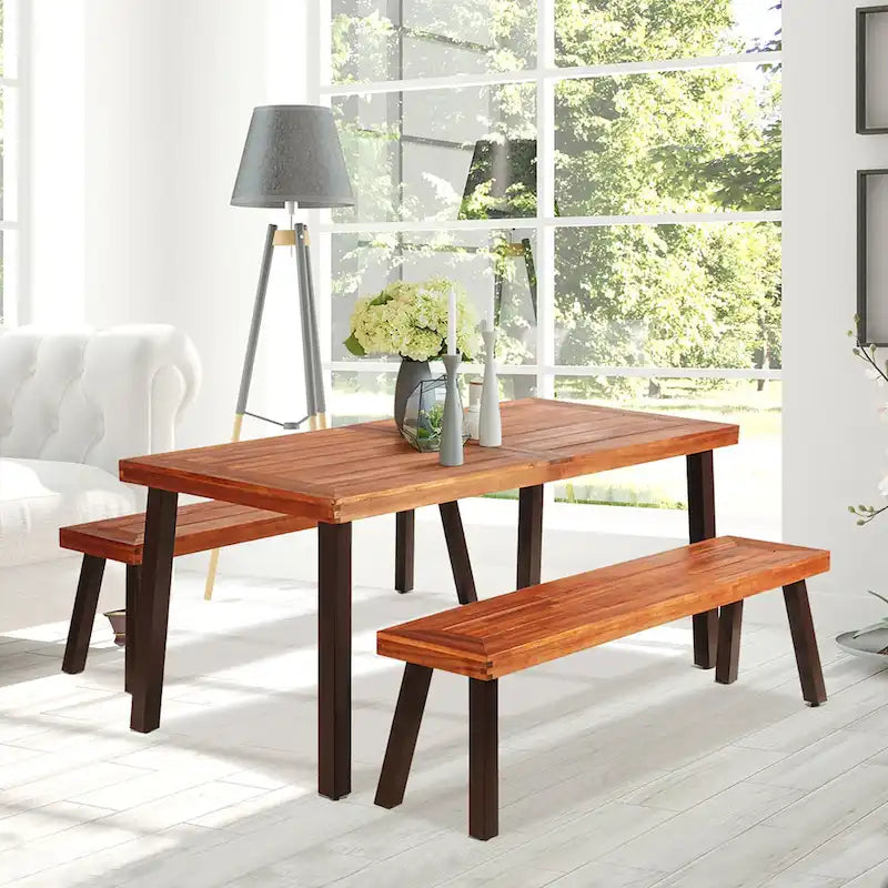 Costway 3 Pieces Picnic Table Set Acacia Wood Table Bench with Steel