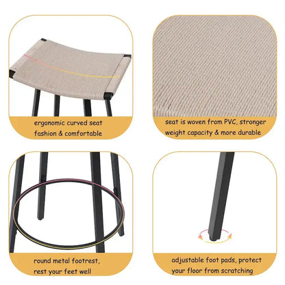 Counter Height Bar Stools, Backless Handwoven Kitchen Dining Chairs with Round Footrest Set of 2 PVC Weaving Pub Stool