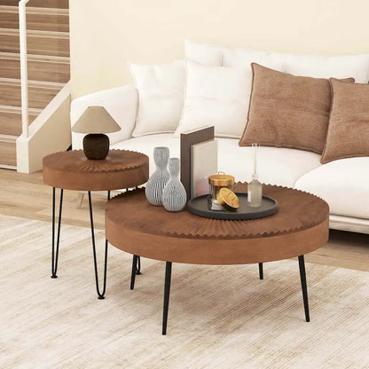 Costway Farmhouse Round CoffeeTable Set of 2 End Table Natural Finish - See Details