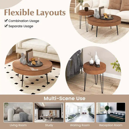 Costway Farmhouse Round CoffeeTable Set of 2 End Table Natural Finish - See Details