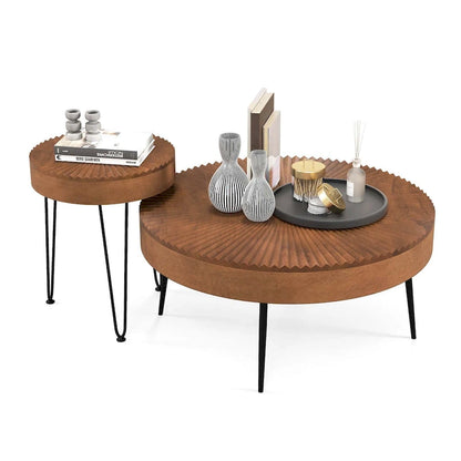 Costway Farmhouse Round CoffeeTable Set of 2 End Table Natural Finish - See Details