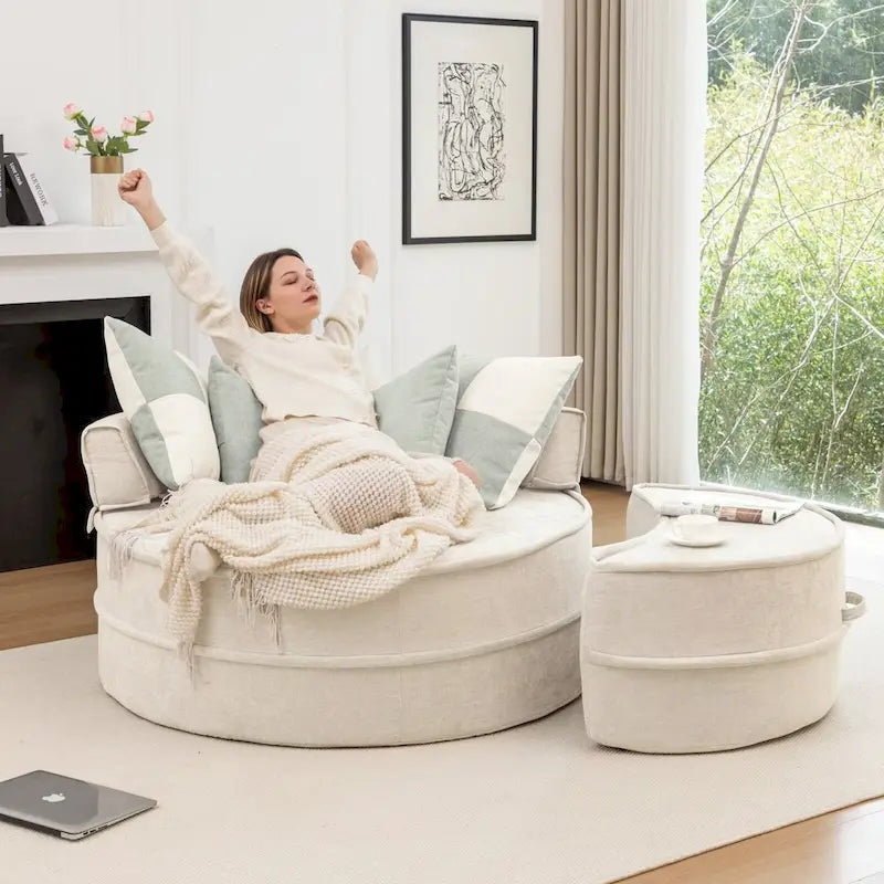 Modern Round Barrel Accent Chair with Ottoman - Velvet Lounge Sofa