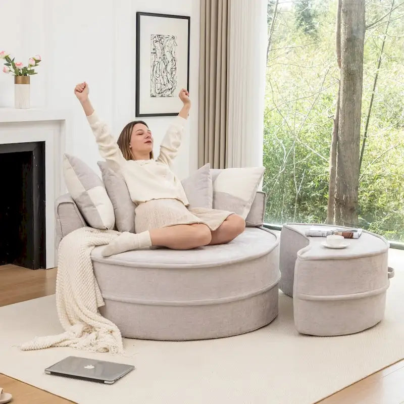 Modern Round Barrel Accent Chair with Ottoman - Velvet Lounge Sofa