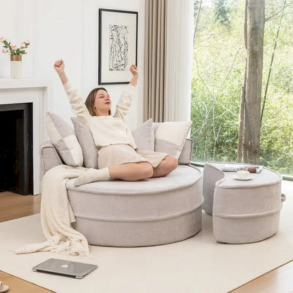 Modern Round Barrel Accent Chair with Ottoman - Velvet Lounge Sofa