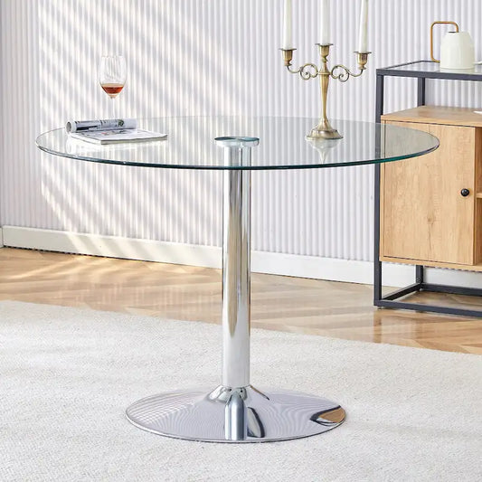 Tavolo da Pranzo Circolare Moderno con Elegante Piano in Vetro e Robuste Gambe in Metallo per Diversi Spazi