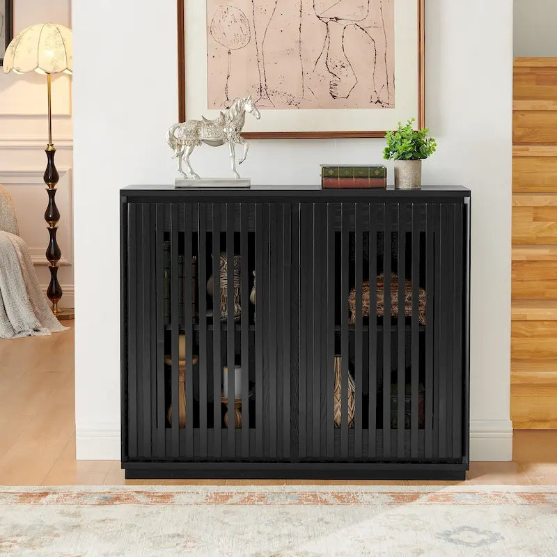 Modern Fluted Hollowed Out Sideboard Cabinet with 2 Outlet Holes, Buffet Cabinet with Storage, Storage Cabinet for Living Room
