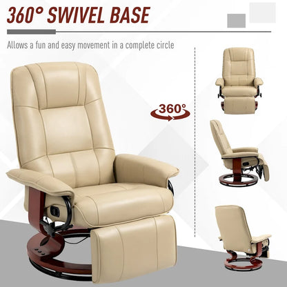 PU Leather Swivel Recliner Chair Manual Lounge Chair with Wood Base, Adjustable Backrest and Retractable Footrest