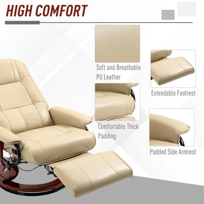 PU Leather Swivel Recliner Chair Manual Lounge Chair with Wood Base, Adjustable Backrest and Retractable Footrest