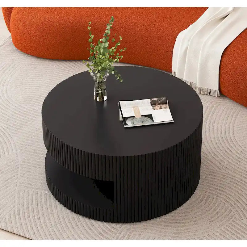 Double Layer Round Coffee Table Modern Center Table Vertical Striped Coffee Table with Storage Space, for Living Room