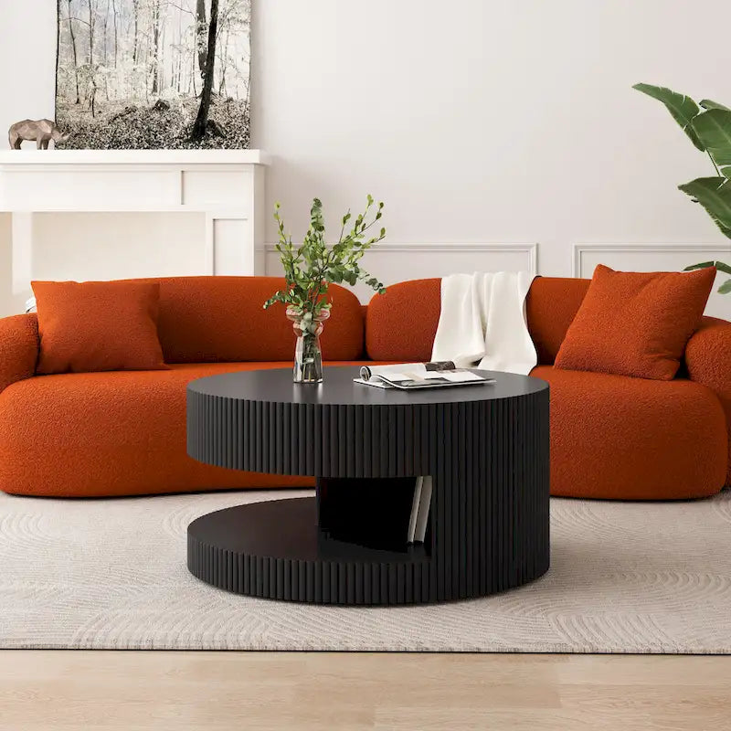 Double Layer Round Coffee Table Modern Center Table Vertical Striped Coffee Table with Storage Space, for Living Room