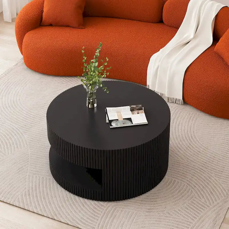 Double Layer Round Coffee Table Modern Center Table Vertical Striped Coffee Table with Storage Space, for Living Room