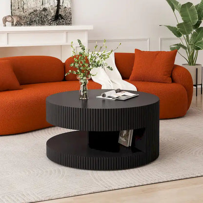 Double Layer Round Coffee Table Modern Center Table Vertical Striped Coffee Table with Storage Space, for Living Room