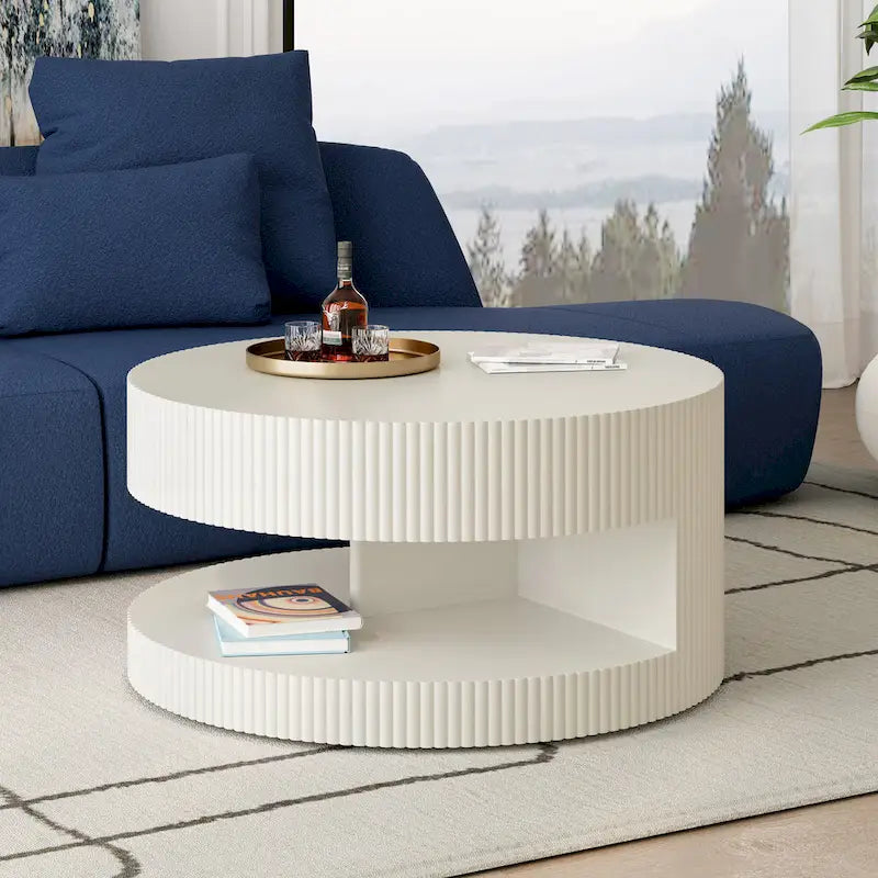 Double Layer Round Coffee Table Modern Center Table Vertical Striped Coffee Table with Storage Space, for Living Room