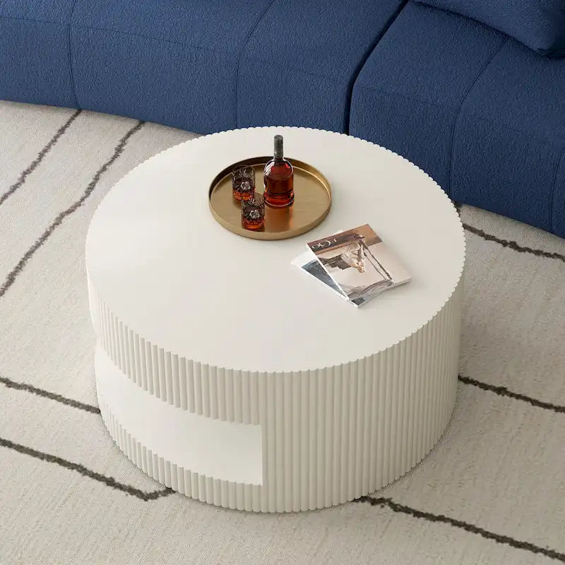 Double Layer Round Coffee Table Modern Center Table Vertical Striped Coffee Table with Storage Space, for Living Room
