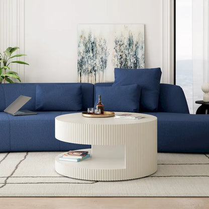 Double Layer Round Coffee Table Modern Center Table Vertical Striped Coffee Table with Storage Space, for Living Room